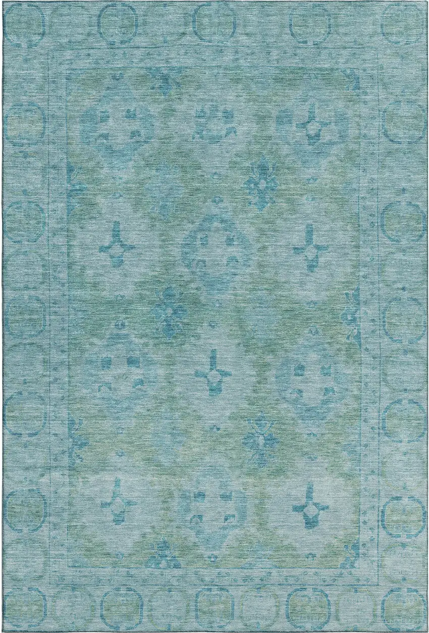 Teal And Aqua Oriental Washable Area Rug With UV Protection Photo 1