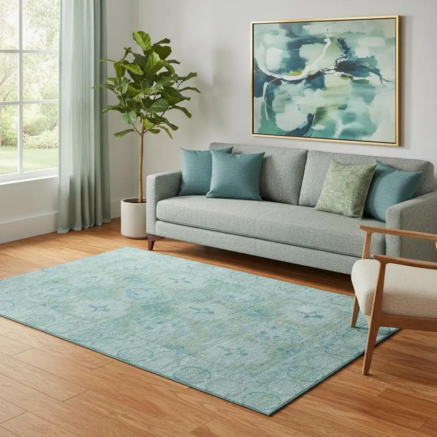 Teal And Aqua Oriental Washable Area Rug With UV Protection Photo 2