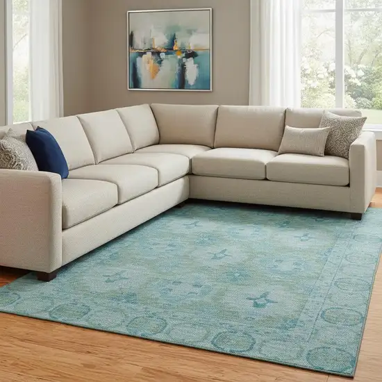 Teal And Aqua Oriental Washable Area Rug With UV Protection Photo 2