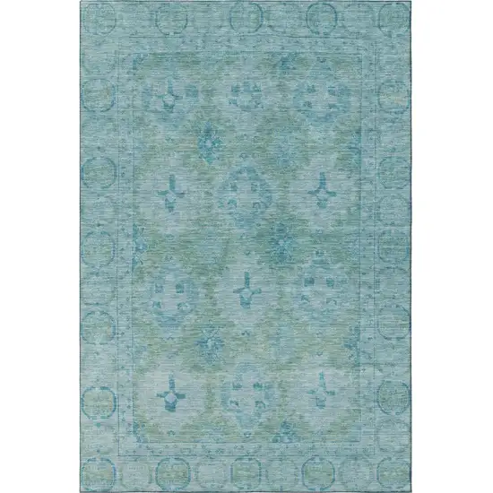Teal And Aqua Oriental Washable Area Rug With UV Protection Photo 3