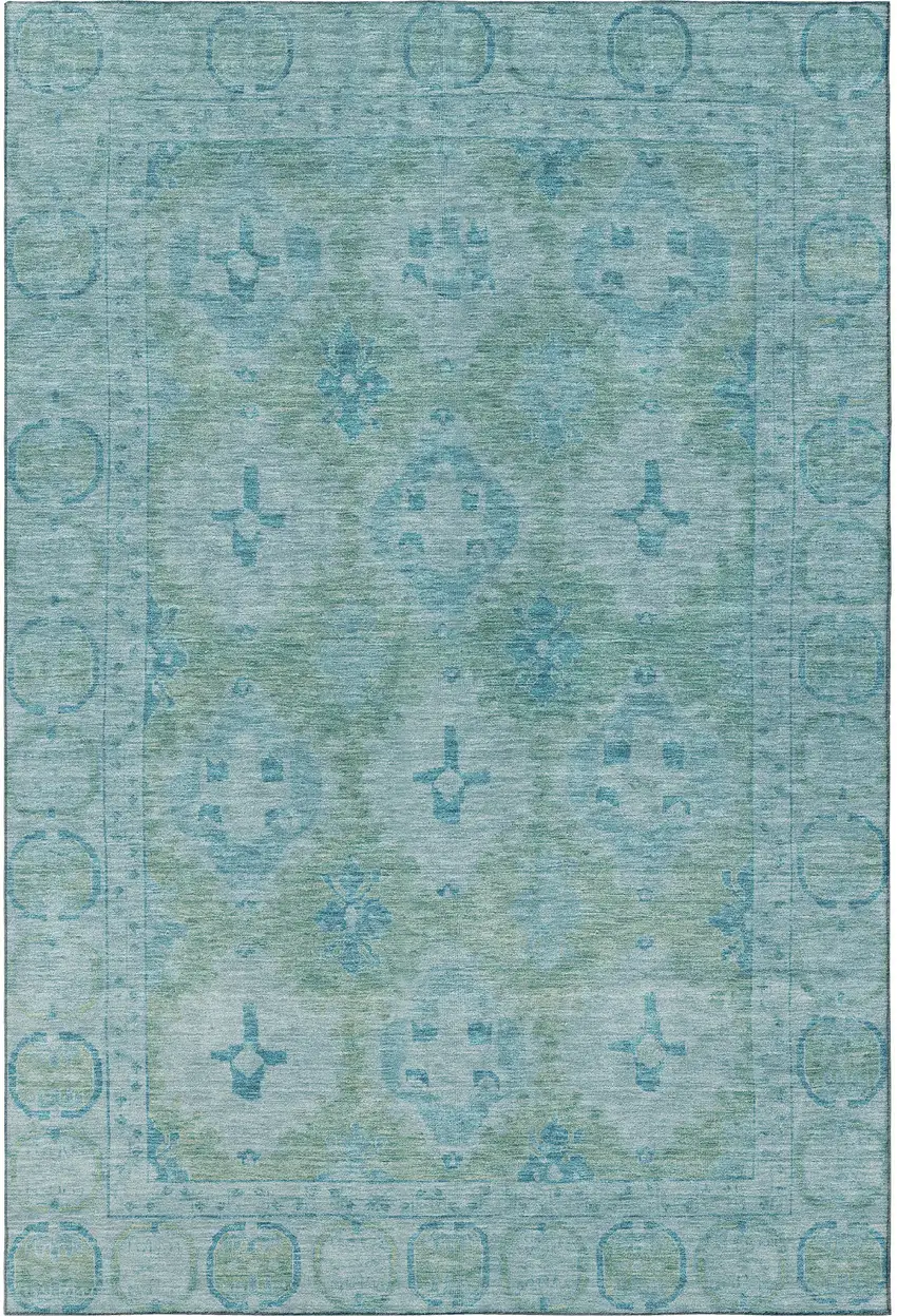 Teal And Aqua Oriental Washable Area Rug With UV Protection Photo 3