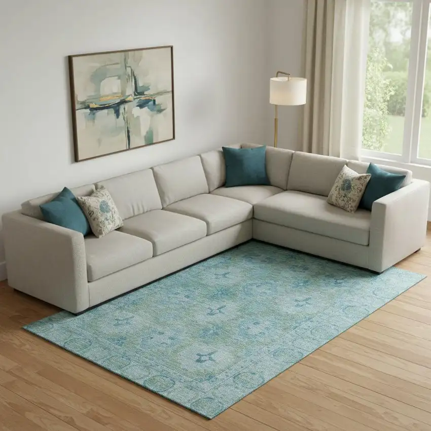Teal And Aqua Oriental Washable Area Rug With UV Protection Photo 2