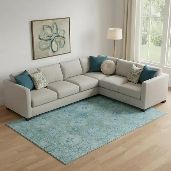 Teal And Aqua Oriental Washable Area Rug With UV Protection Photo 2