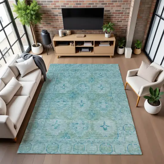Teal And Aqua Oriental Washable Area Rug With UV Protection Photo 5