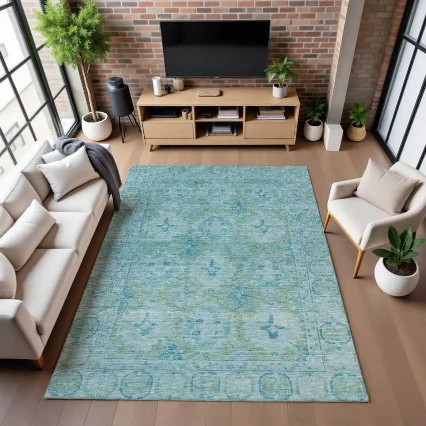 Teal And Aqua Oriental Washable Area Rug With UV Protection Photo 5