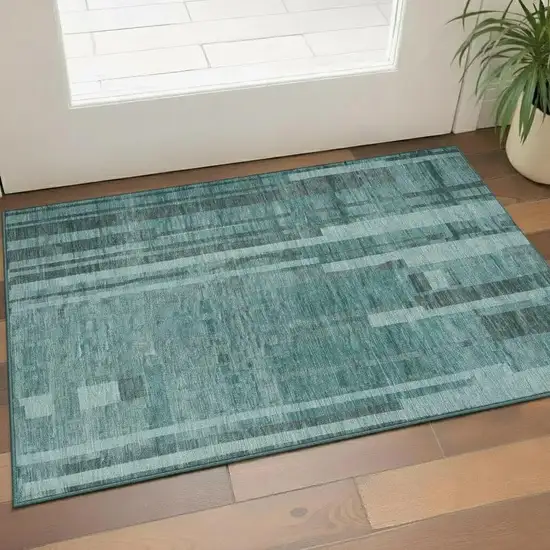 Teal And Aqua Striped Washable Area Rug With UV Protection Photo 2