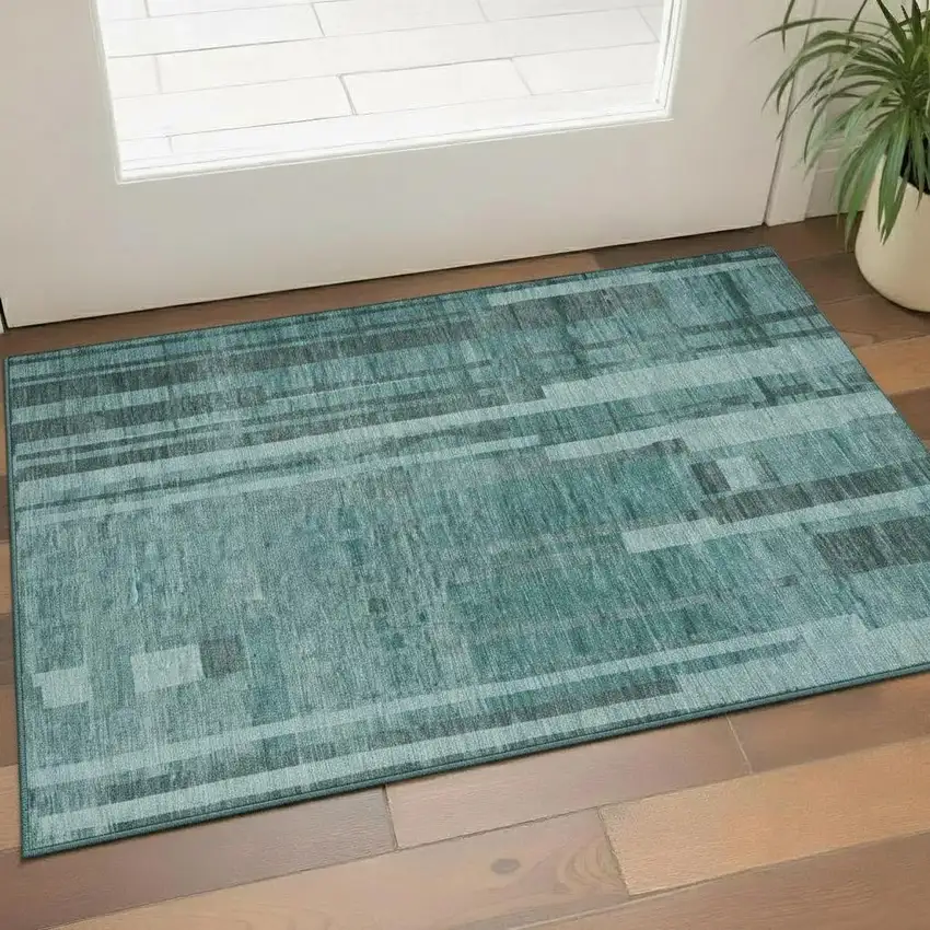 Teal And Aqua Striped Washable Area Rug With UV Protection Photo 2