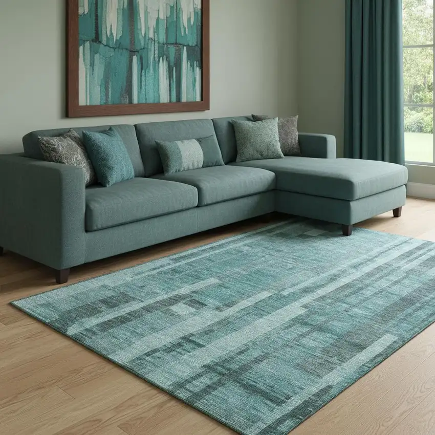 Teal And Aqua Striped Washable Area Rug With UV Protection Photo 2