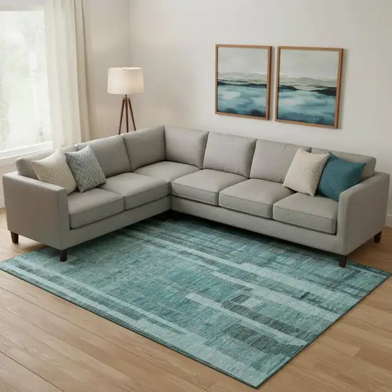 Teal And Aqua Striped Washable Area Rug With UV Protection Photo 2