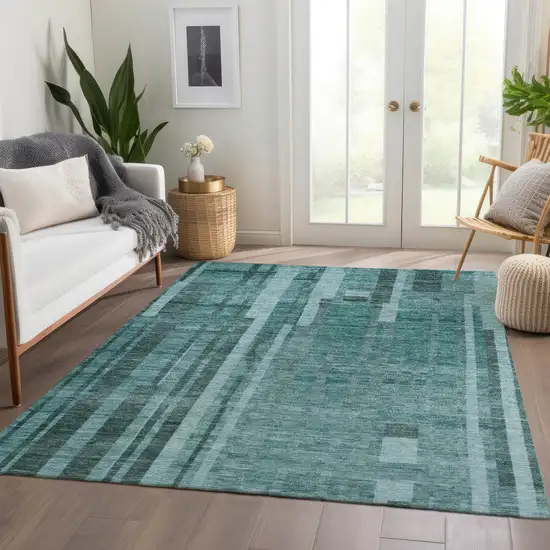 Teal And Aqua Striped Washable Area Rug With UV Protection Photo 5