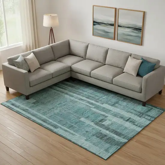 Teal And Aqua Striped Washable Area Rug With UV Protection Photo 2