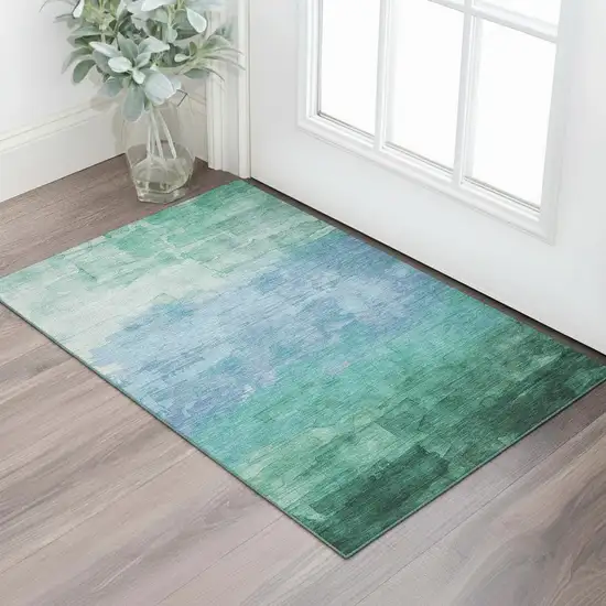 Teal And Aqua Striped Washable Area Rug With UV Protection Photo 2