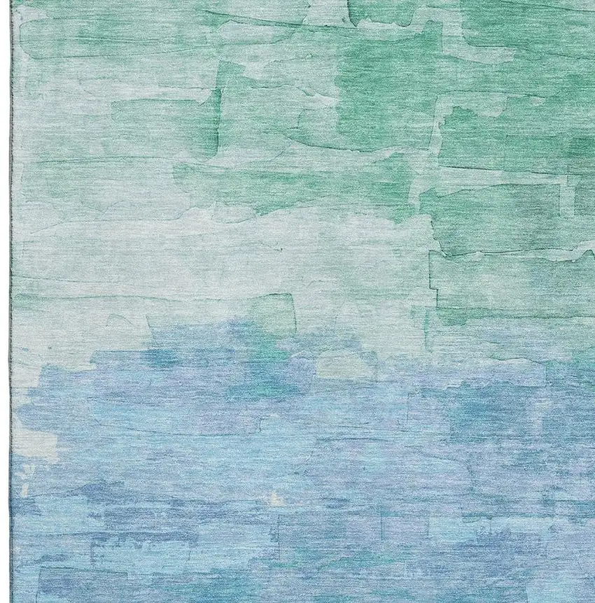 Teal And Aqua Striped Washable Area Rug With UV Protection Photo 2