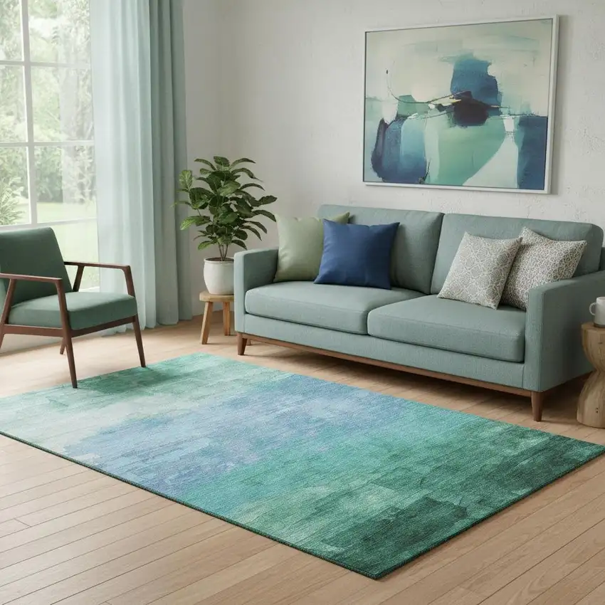 Teal And Aqua Striped Washable Area Rug With UV Protection Photo 2