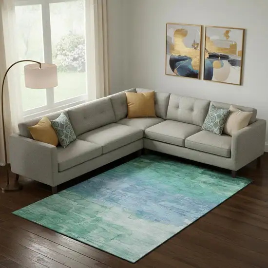 Teal And Aqua Striped Washable Area Rug With UV Protection Photo 2