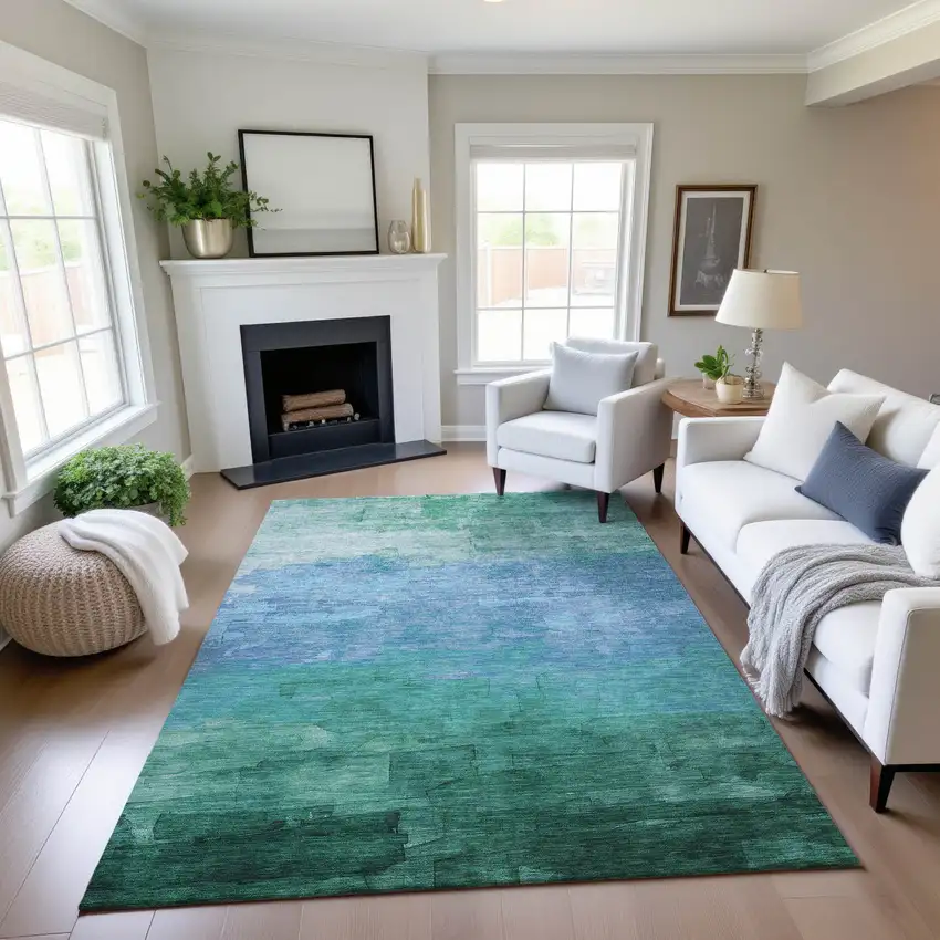 Teal And Aqua Striped Washable Area Rug With UV Protection Photo 4