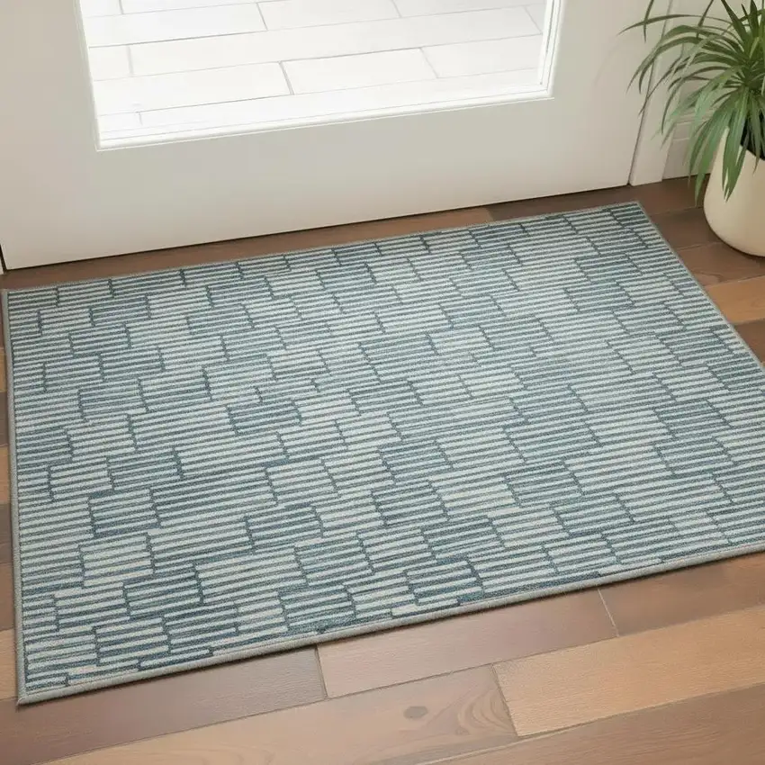 Teal And Beige Abstract Geometric Washable Area Rug With UV Protection Photo 2