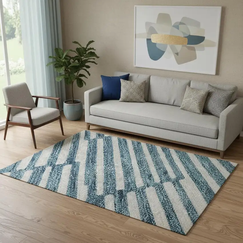 Teal And Beige Abstract Geometric Washable Area Rug With UV Protection Photo 1