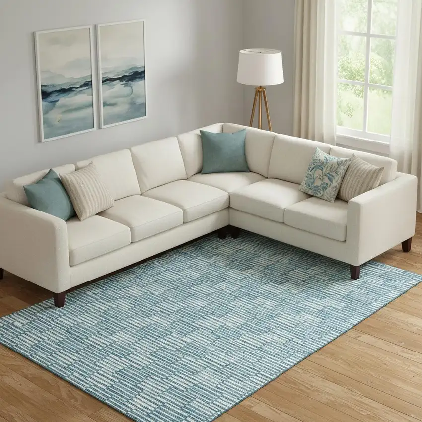 Teal And Beige Abstract Geometric Washable Area Rug With UV Protection Photo 1
