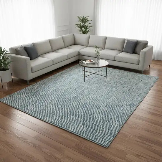 Teal And Beige Abstract Geometric Washable Area Rug With UV Protection Photo 2