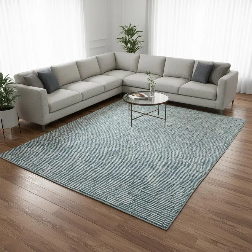 Teal And Beige Abstract Geometric Washable Area Rug With UV Protection Photo 2