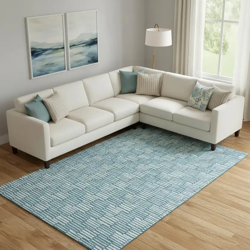 Teal And Beige Abstract Geometric Washable Area Rug With UV Protection Photo 1