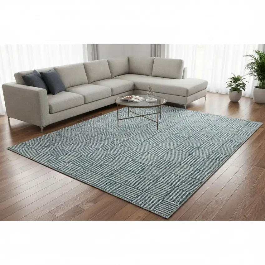 Teal And Beige Abstract Geometric Washable Area Rug With UV Protection Photo 2