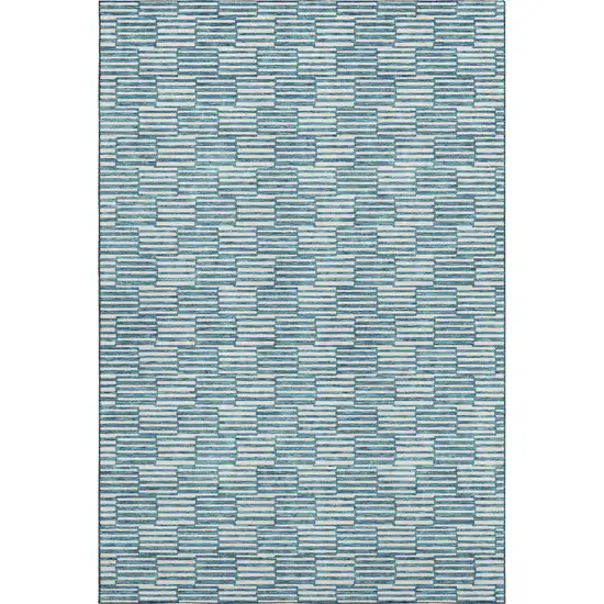 Teal And Beige Abstract Geometric Washable Area Rug With UV Protection Photo 7