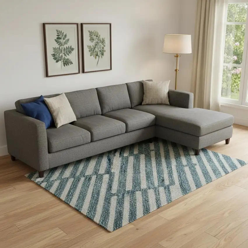 Teal And Beige Abstract Geometric Washable Area Rug With UV Protection Photo 1