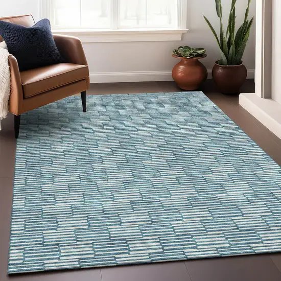 Teal And Beige Abstract Geometric Washable Area Rug With UV Protection Photo 5
