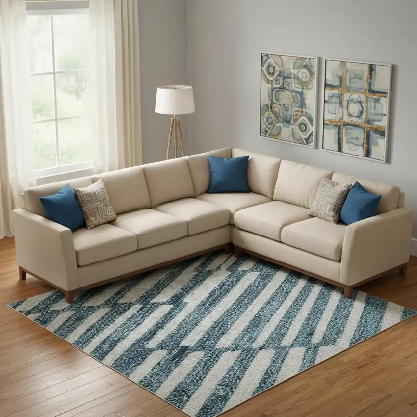 Teal And Beige Abstract Geometric Washable Area Rug With UV Protection Photo 1