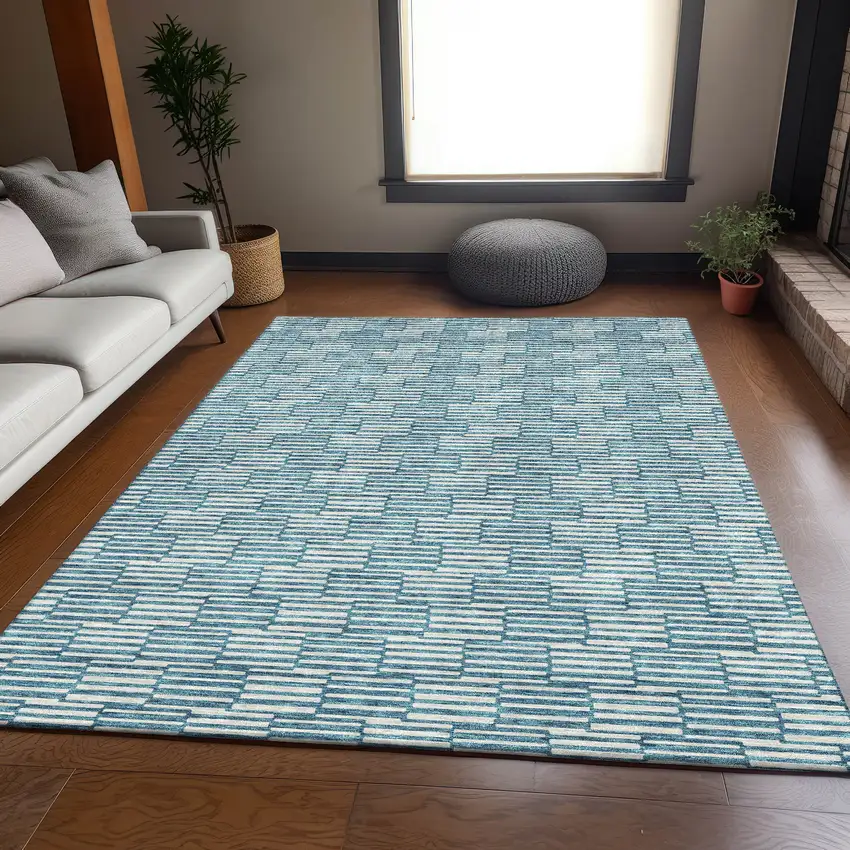 Teal And Beige Abstract Geometric Washable Area Rug With UV Protection Photo 6