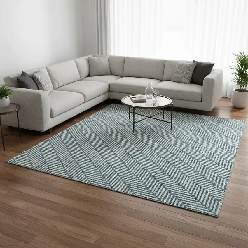 Teal And Beige Abstract Geometric Washable Area Rug With UV Protection Photo 2