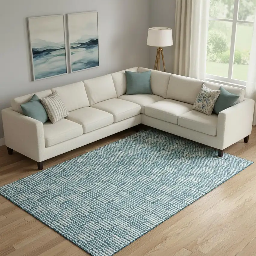 Teal And Beige Abstract Geometric Washable Area Rug With UV Protection Photo 1