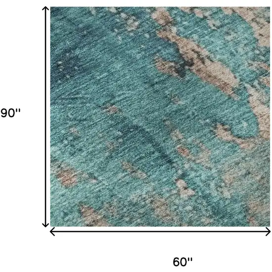 Teal And Beige Abstract Washable Area Rug With UV Protection Photo 9