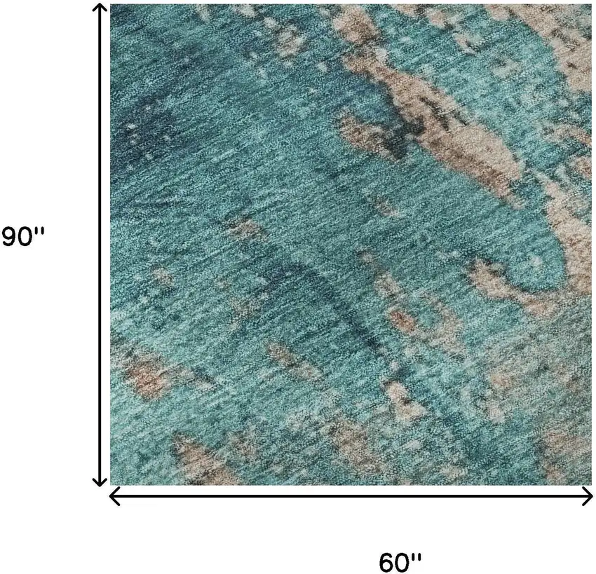 Teal And Beige Abstract Washable Area Rug With UV Protection Photo 9