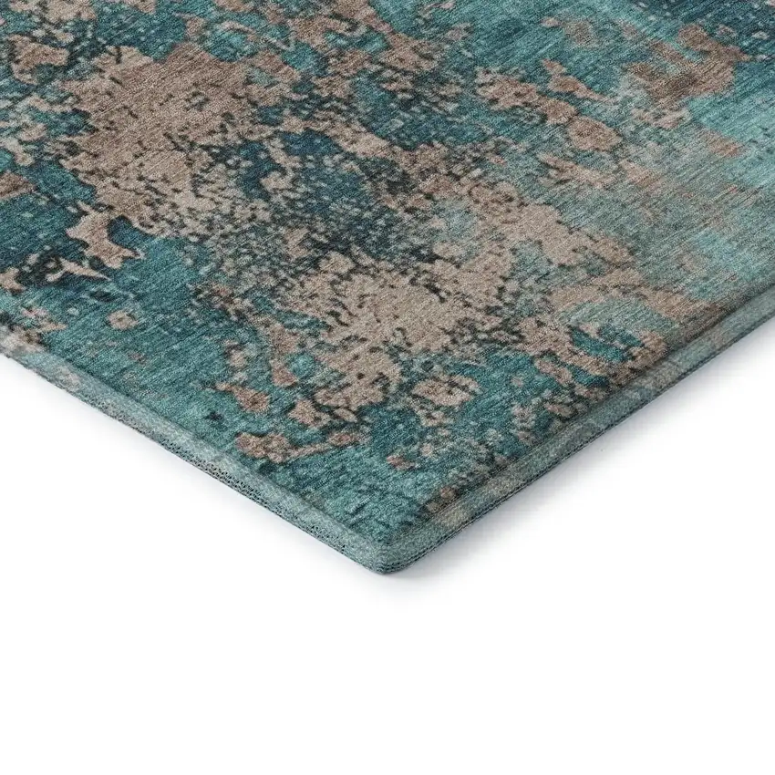 Teal And Beige Abstract Washable Area Rug With UV Protection Photo 9