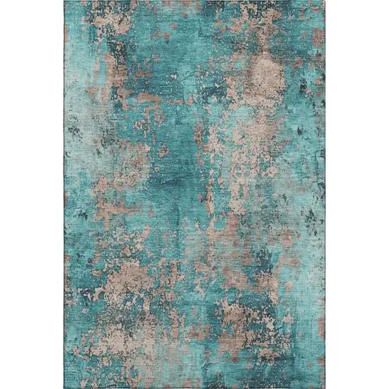 Teal And Beige Abstract Washable Area Rug With UV Protection Photo 6