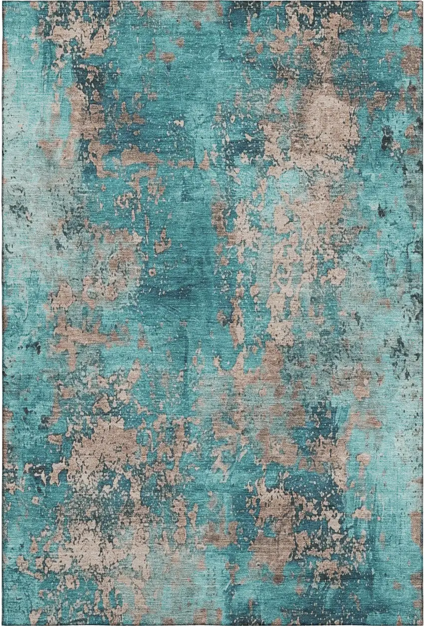 Teal And Beige Abstract Washable Area Rug With UV Protection Photo 6