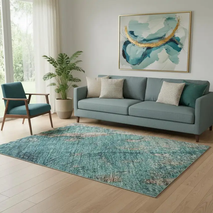 Teal And Beige Abstract Washable Area Rug With UV Protection Photo 2