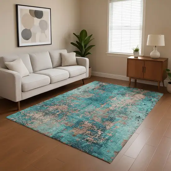 Teal And Beige Abstract Washable Area Rug With UV Protection Photo 4