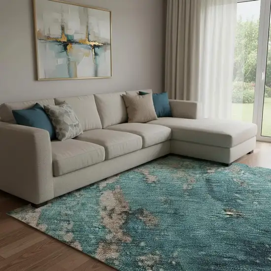 Teal And Beige Abstract Washable Area Rug With UV Protection Photo 2