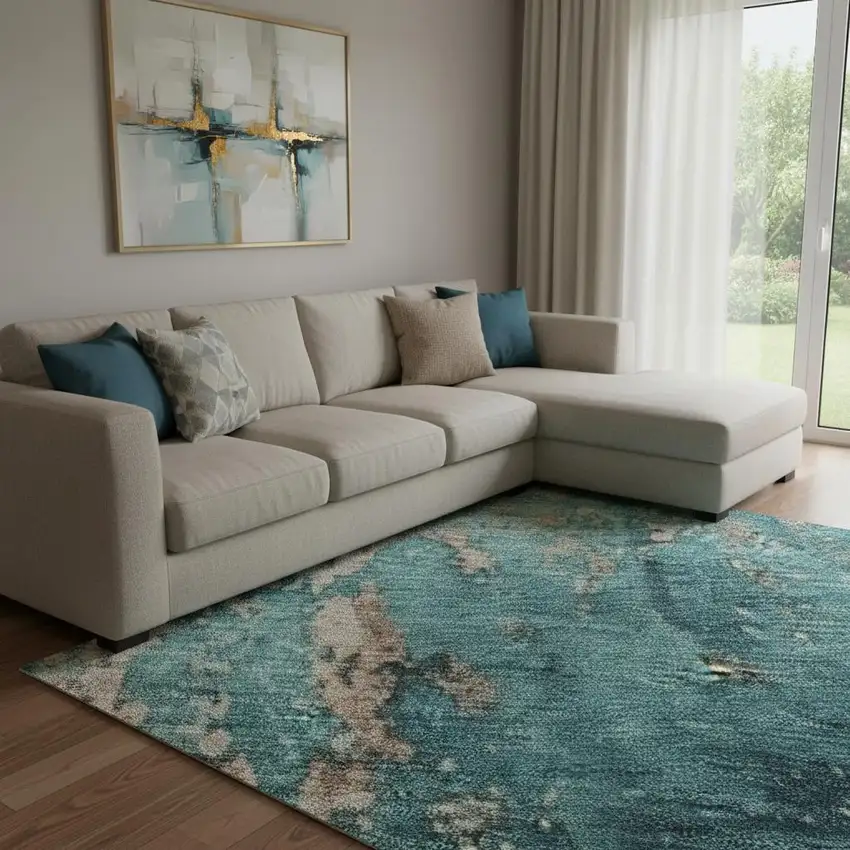 Teal And Beige Abstract Washable Area Rug With UV Protection Photo 2