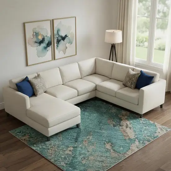 Teal And Beige Abstract Washable Area Rug With UV Protection Photo 2