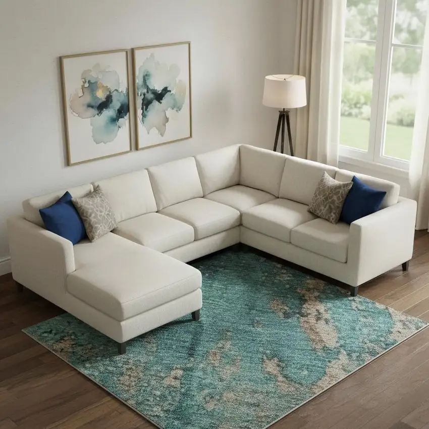 Teal And Beige Abstract Washable Area Rug With UV Protection Photo 2