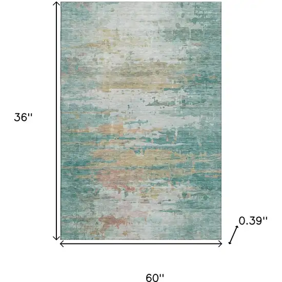 Teal And Beige Abstract Washable Area Rug With UV Protection Photo 9