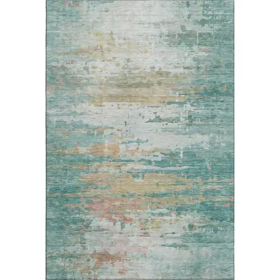 Teal And Beige Abstract Washable Area Rug With UV Protection Photo 1