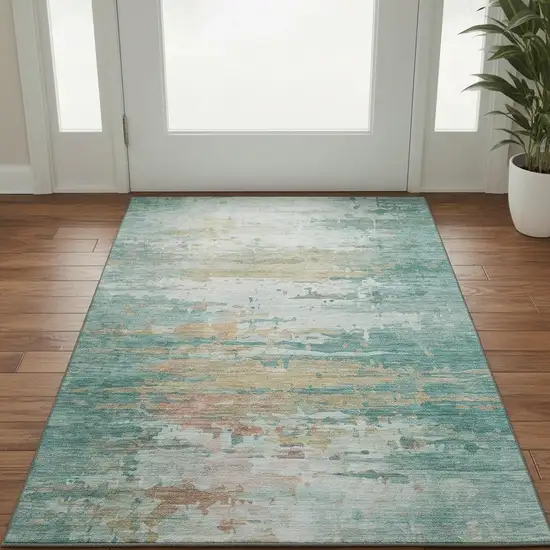 Teal And Beige Abstract Washable Area Rug With UV Protection Photo 2