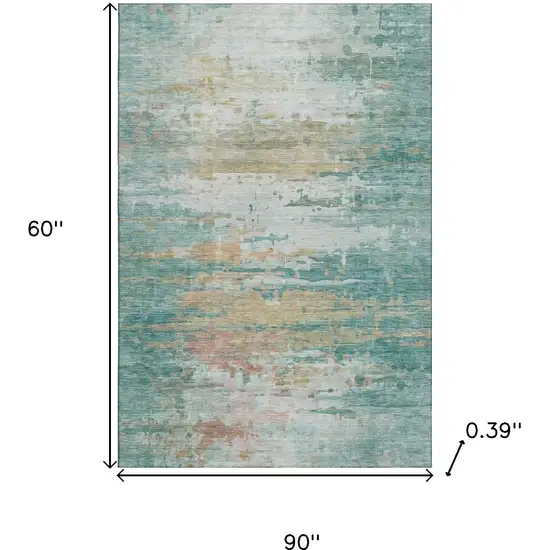 Teal And Beige Abstract Washable Area Rug With UV Protection Photo 9