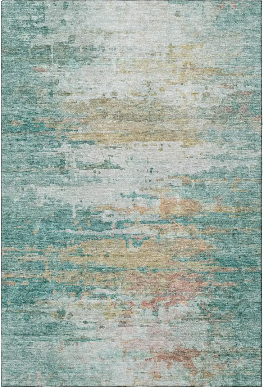 Teal And Beige Abstract Washable Area Rug With UV Protection Photo 4